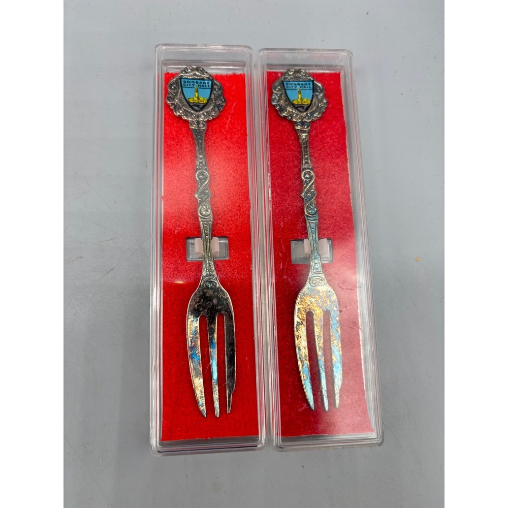 Vintage Brisbane City Hall Souvenir Forks Set of 2 Enamel Crest Silver Tone 4.5"